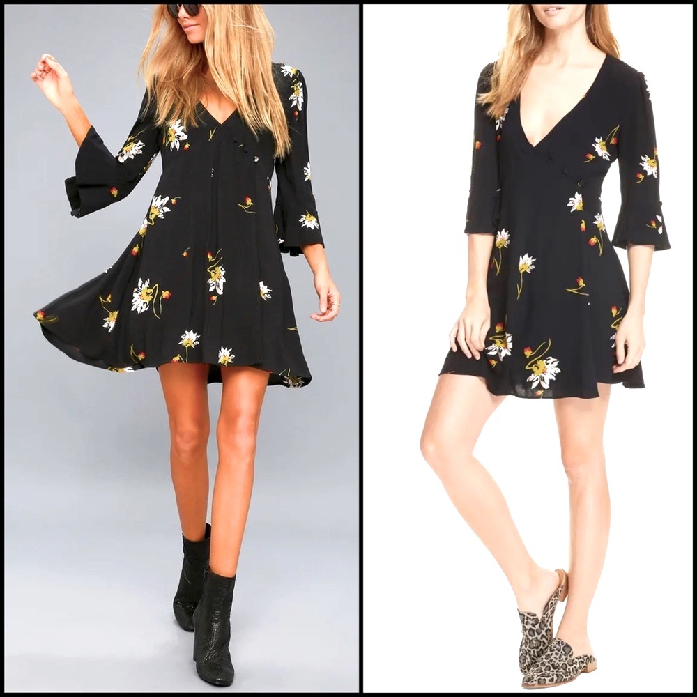 Free People Black Floral Daisy Wrap Mini Dress